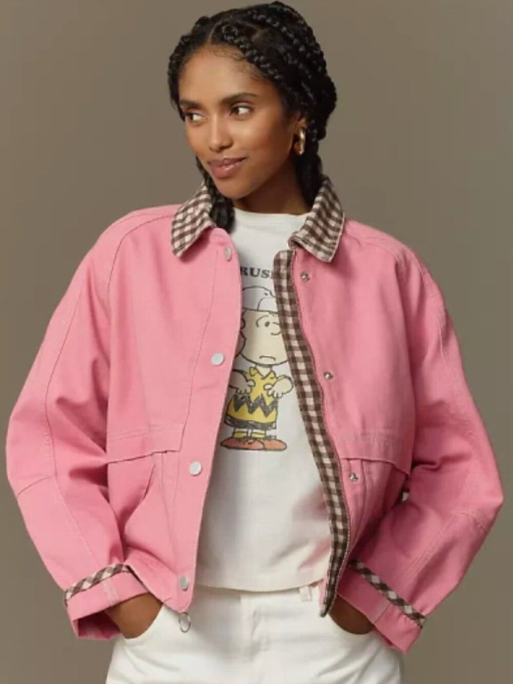 Anthropologie Pilcro Pink Crop Workwear Jacket Brown Gingham Lining - Medium